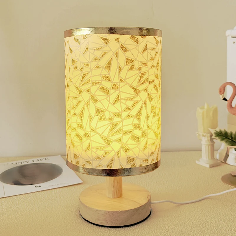 Traditional Vintage Fabric Cylinder Shade Wood Base USB LED Table Lamp For Bedroom