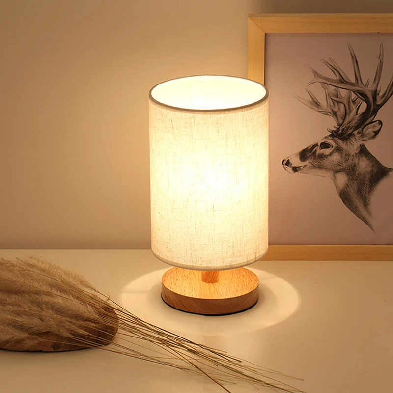 Traditional Vintage Fabric Cylinder Shade Wood Base USB LED Table Lamp For Bedroom