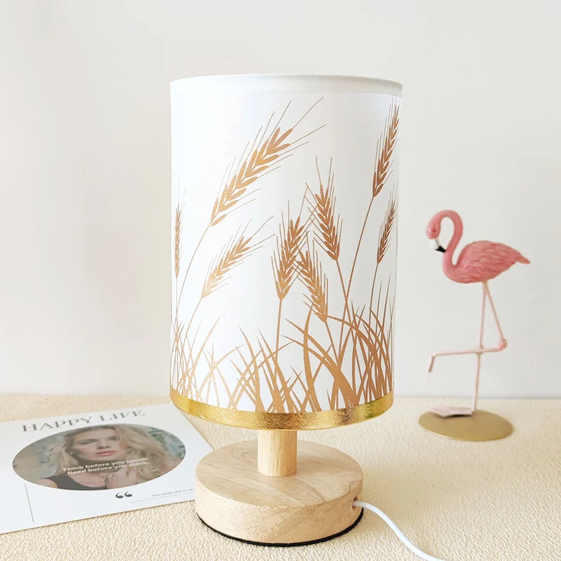 Traditional Vintage Fabric Cylinder Shade Wood Base USB LED Table Lamp For Bedroom