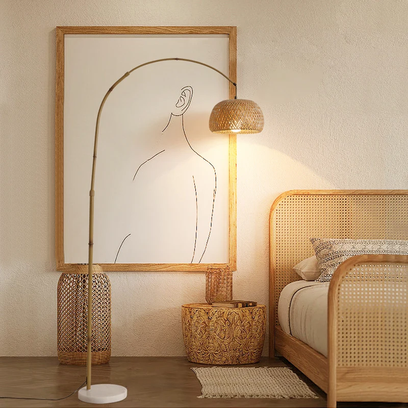 Contemporary Retro Bamboo Weaving Shade Arc 1-Light Standing Floor Lamp For Living Room