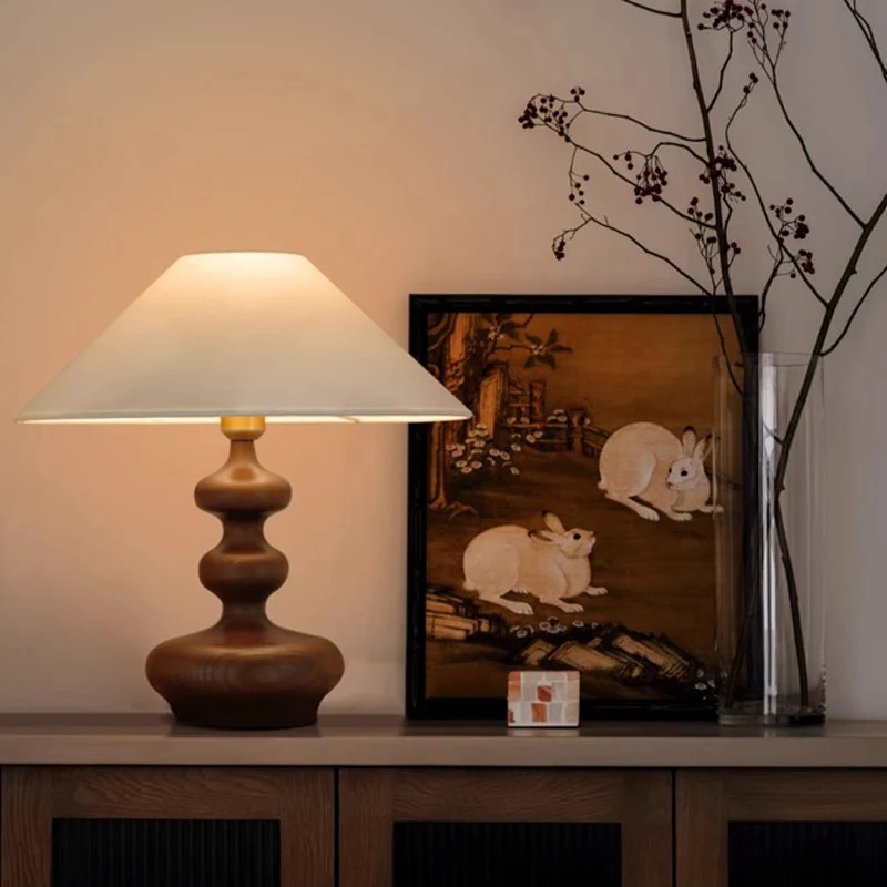 Traditional French Cylinder Round Table Oval Spherical Fabric Wood 1-Light Table Lamp For Bedroom