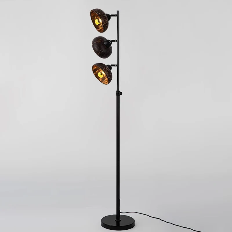 Traditional Vintage Rotatable Coconut Shell Round Metal 3-Light Standing Floor Lamp For Living Room
