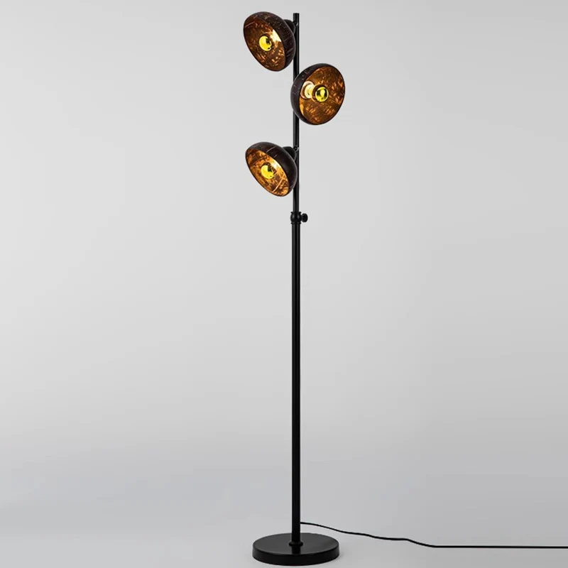 Traditional Vintage Rotatable Coconut Shell Round Metal 3-Light Standing Floor Lamp For Living Room