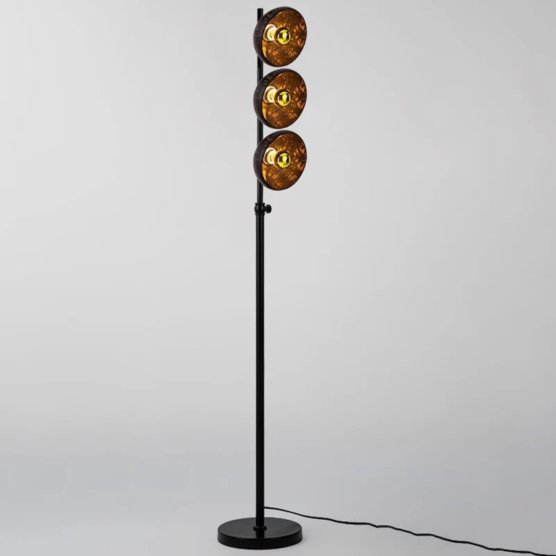 Traditional Vintage Rotatable Coconut Shell Round Metal 3-Light Standing Floor Lamp For Living Room