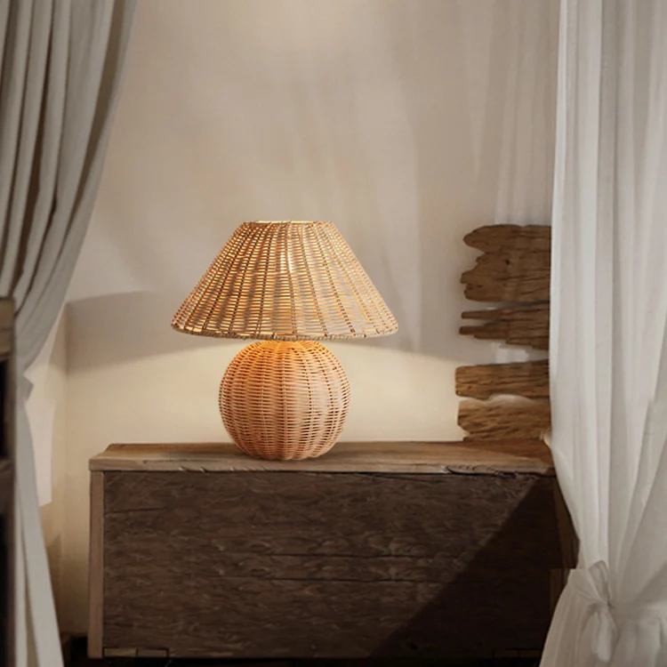 Traditional Japanese Rattan Weaving Round 1-Light Table Lamp For Home Office