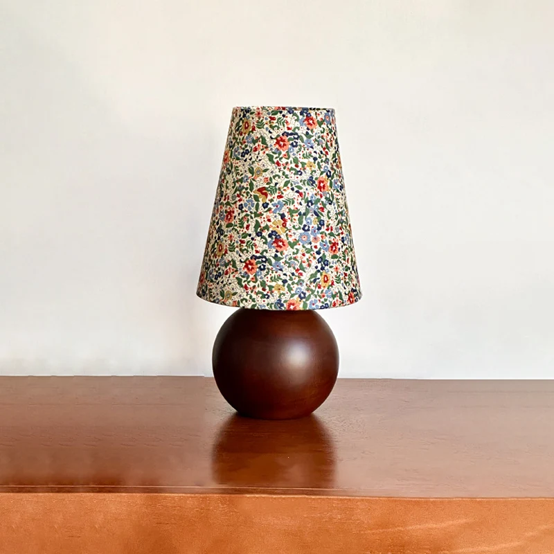 Traditional French Pastoral Floral Print Fabric Round Shade Solid Wood Base 1-Light Table Lamp For Bedroom