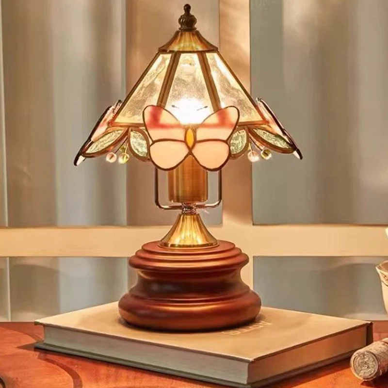 Traditional Vintage Cone Glass Wood Copper 1-Light Table Lamp For Living Room