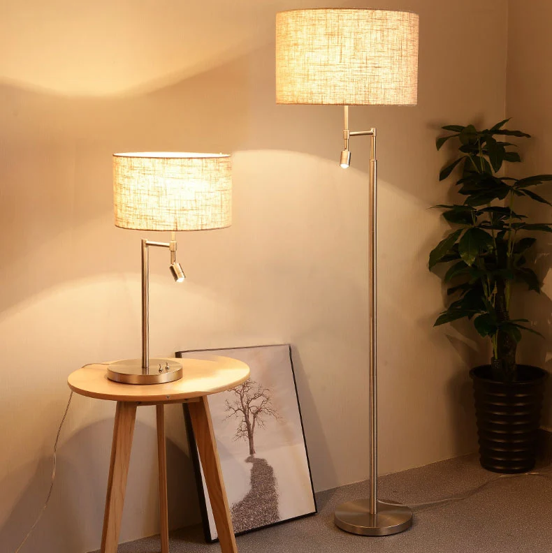 Traditional Vintage Cylinder Fabric Iron 2-Light Rotatable Spotlight Standing Floor Lamp For Home Office