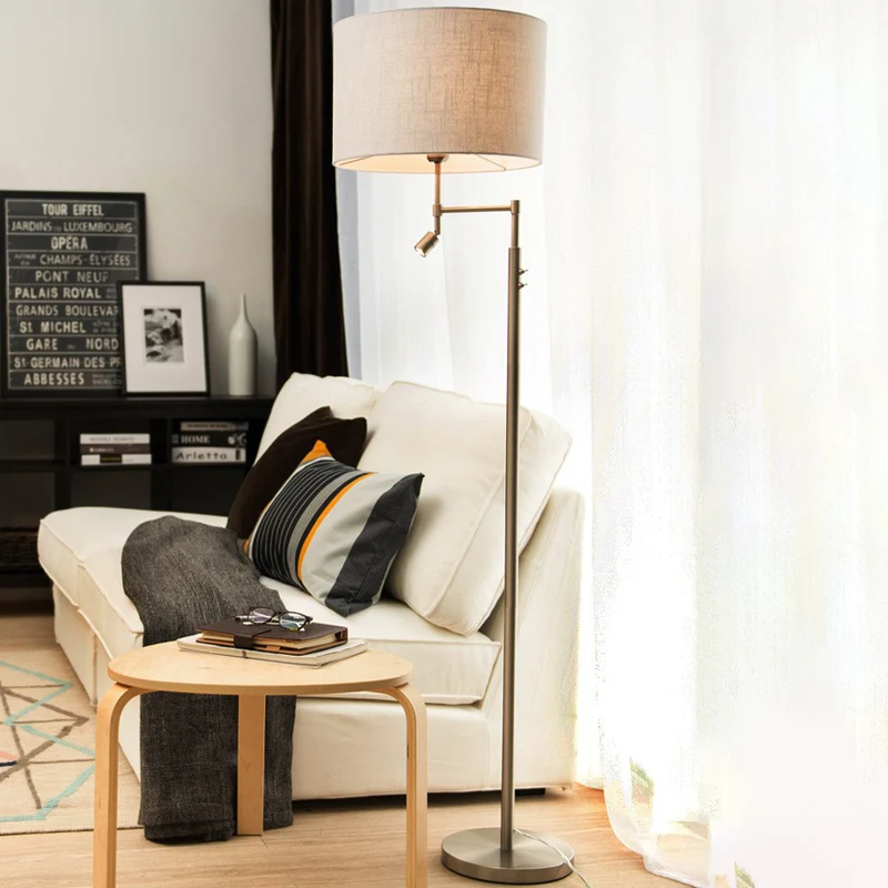 Traditional Vintage Cylinder Fabric Iron 2-Light Rotatable Spotlight Standing Floor Lamp For Home Office