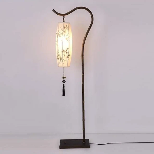 Traditional Chinese Zen Bamboo Painting Fabric Arc Iron Base 1-Light Standing Floor Lamp For Home Office