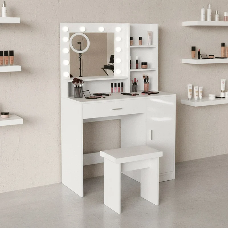Tocador con Luces LED Aura, Blanco Mate, Incluye la Silla