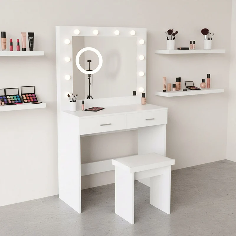 Tocador con Luces LED Bella, Blanco Mate, Incluye la Silla