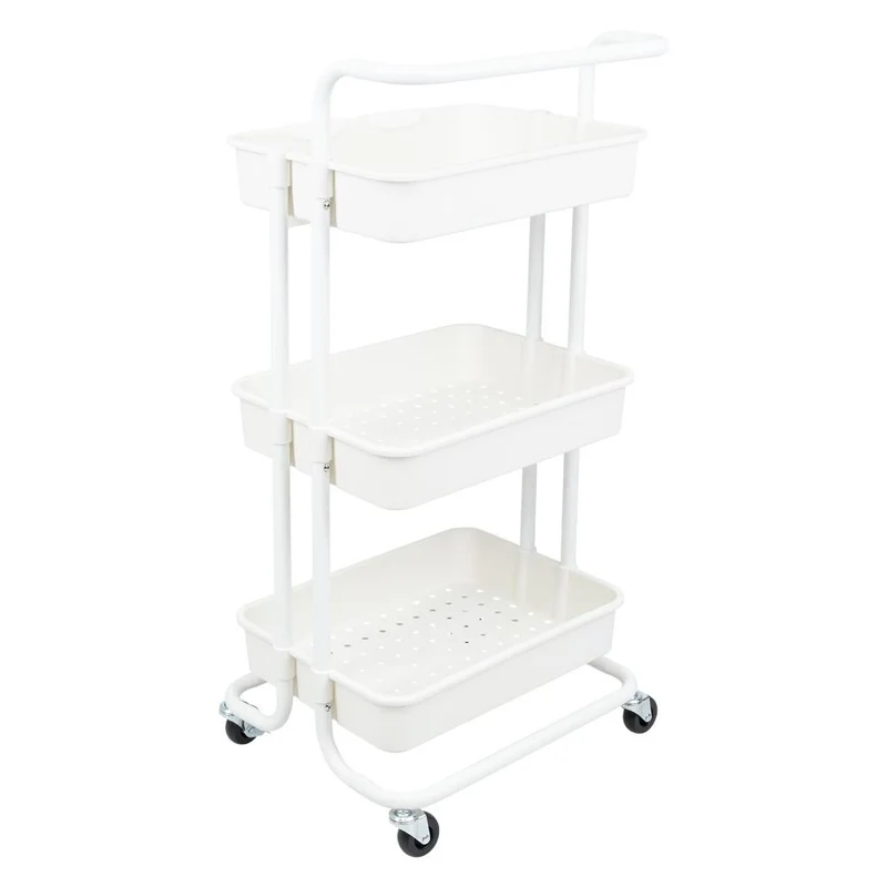 Mueble Auxiliar Multiusos Rolling, Blanco, con Tres Niveles y Rodachines para su Fácil Desplazamiento
