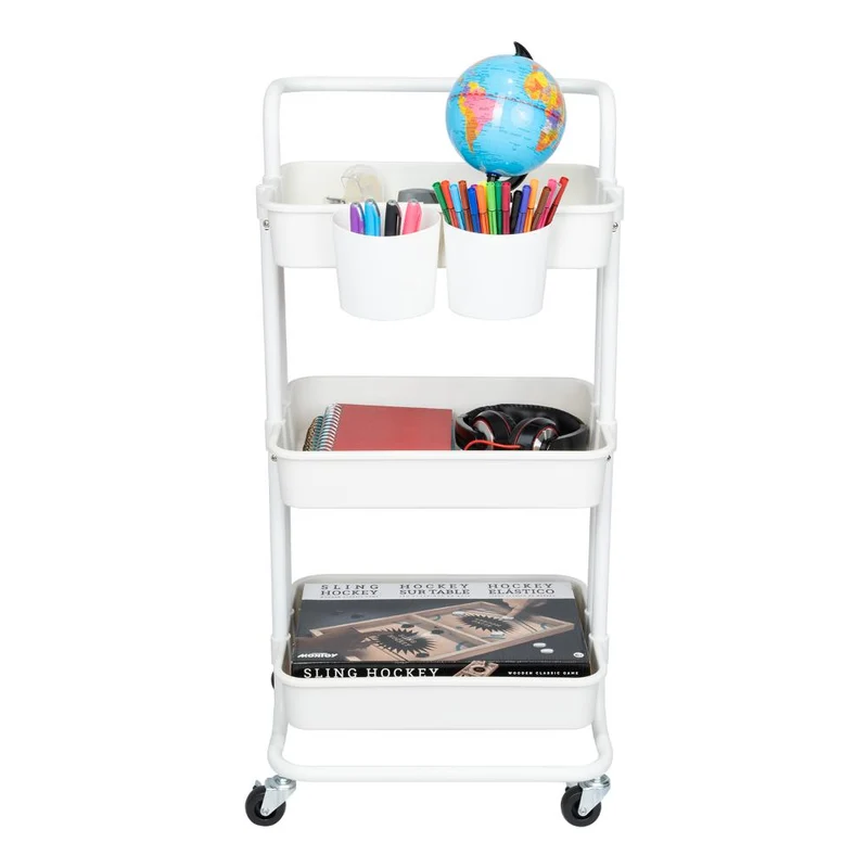 Mueble Auxiliar Multiusos Rolling, Blanco, con Tres Niveles y Rodachines para su Fácil Desplazamiento