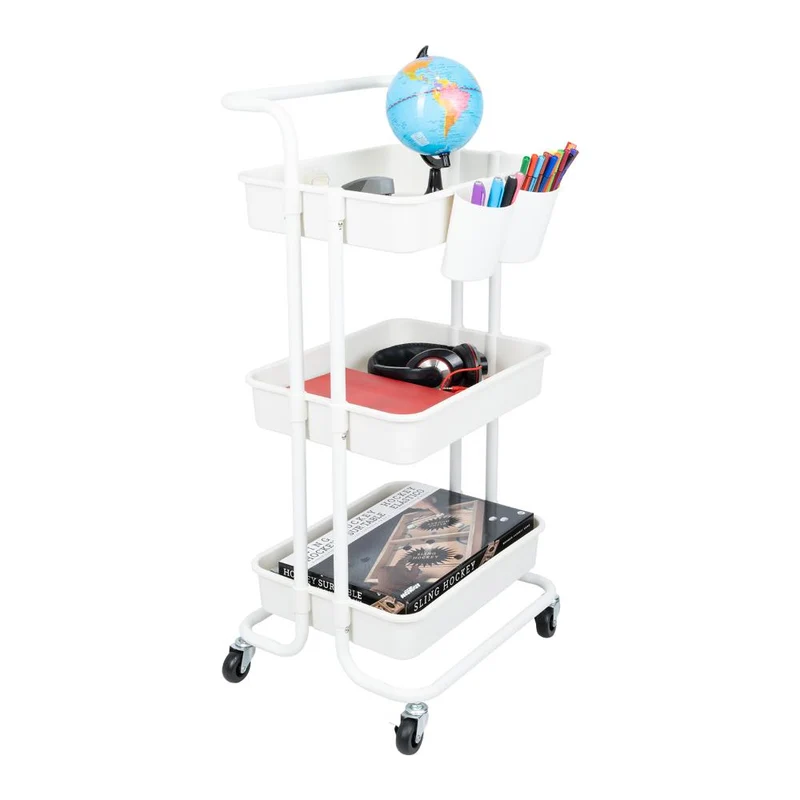 Mueble Auxiliar Multiusos Rolling, Blanco, con Tres Niveles y Rodachines para su Fácil Desplazamiento