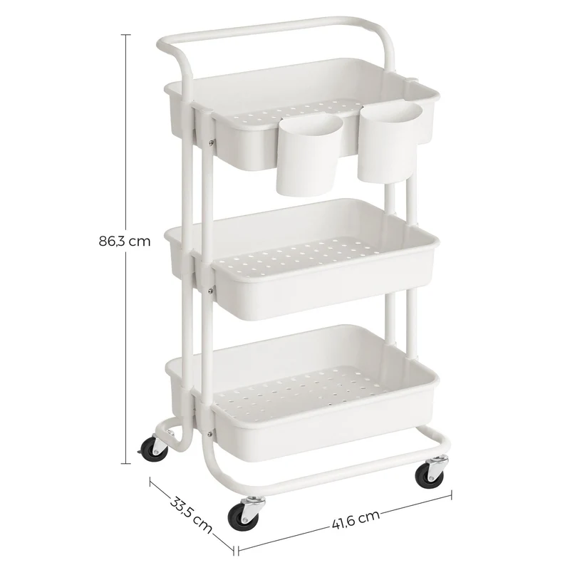 Mueble Auxiliar Multiusos Rolling, Blanco, con Tres Niveles y Rodachines para su Fácil Desplazamiento