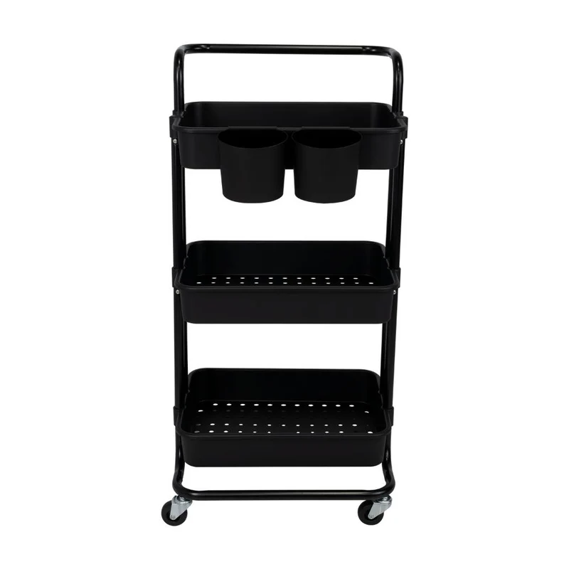 Mueble Auxiliar Multiusos Rolling, Negro, con Tres Niveles y Rodachines para su Fácil Desplazamiento