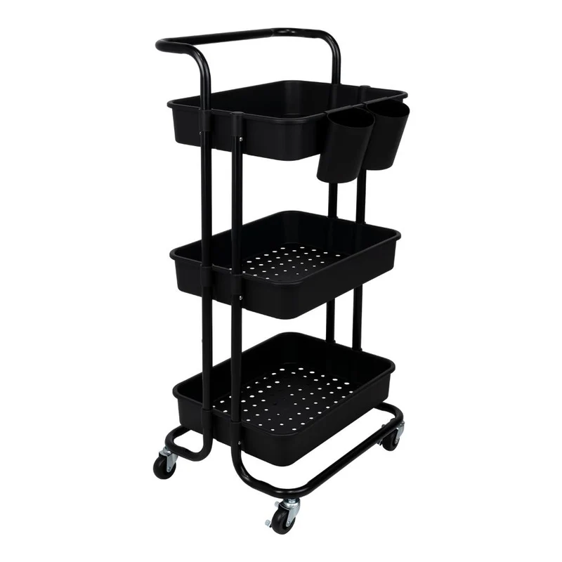 Mueble Auxiliar Multiusos Rolling, Negro, con Tres Niveles y Rodachines para su Fácil Desplazamiento