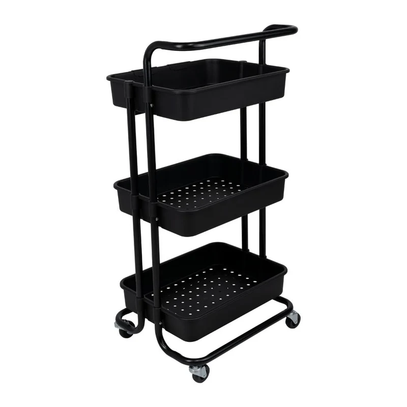 Mueble Auxiliar Multiusos Rolling, Negro, con Tres Niveles y Rodachines para su Fácil Desplazamiento