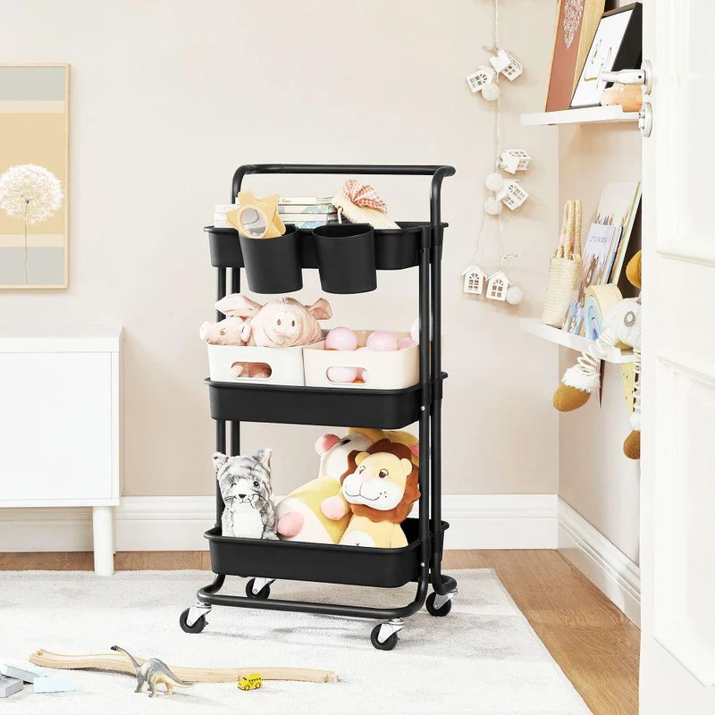 Mueble Auxiliar Multiusos Rolling, Negro, con Tres Niveles y Rodachines para su Fácil Desplazamiento