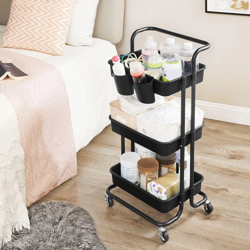 Mueble Auxiliar Multiusos Rolling, Negro, con Tres Niveles y Rodachines para su Fácil Desplazamiento
