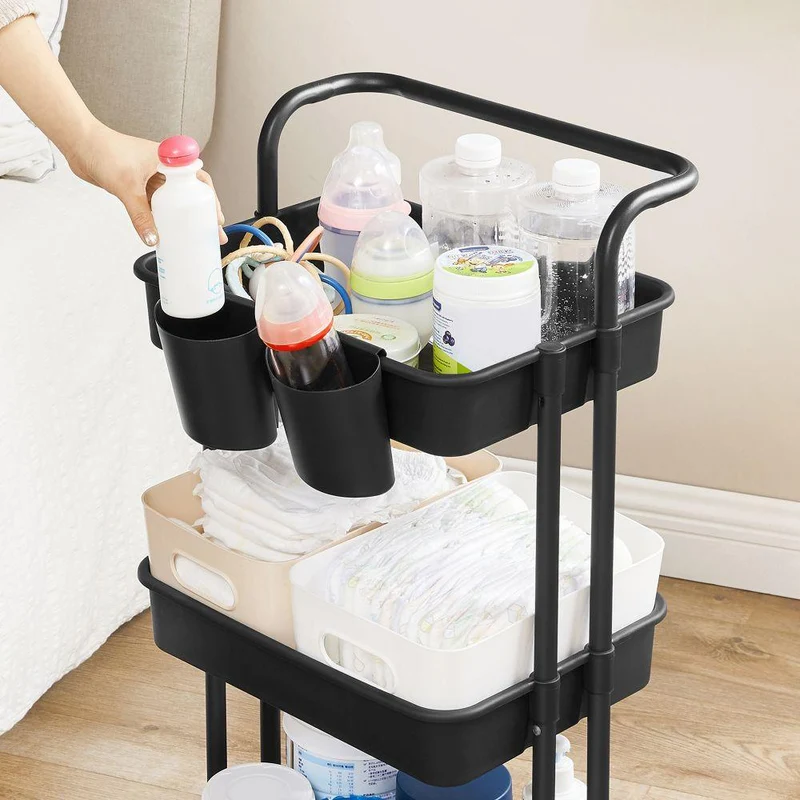Mueble Auxiliar Multiusos Rolling, Negro, con Tres Niveles y Rodachines para su Fácil Desplazamiento