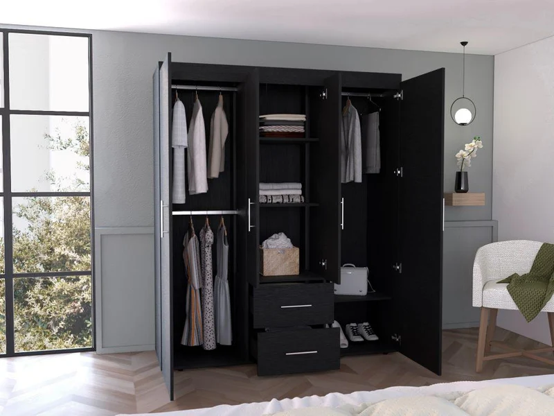 Clóset Bariloche Bombay Eco, Wengue, con Variedad de Entrepaños y Cuatro Puertas Abatibles