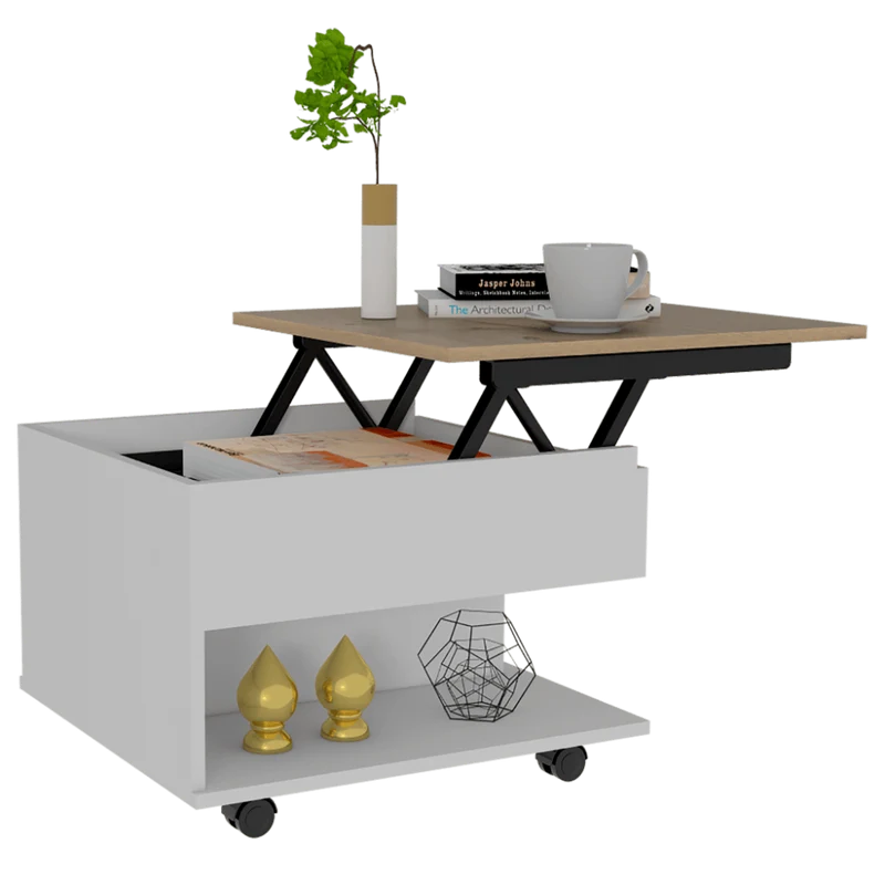 Mesa de Centro Salento, Blanco y Café Claro, con Espacio Extensible y Rodachinas de Freno ZF