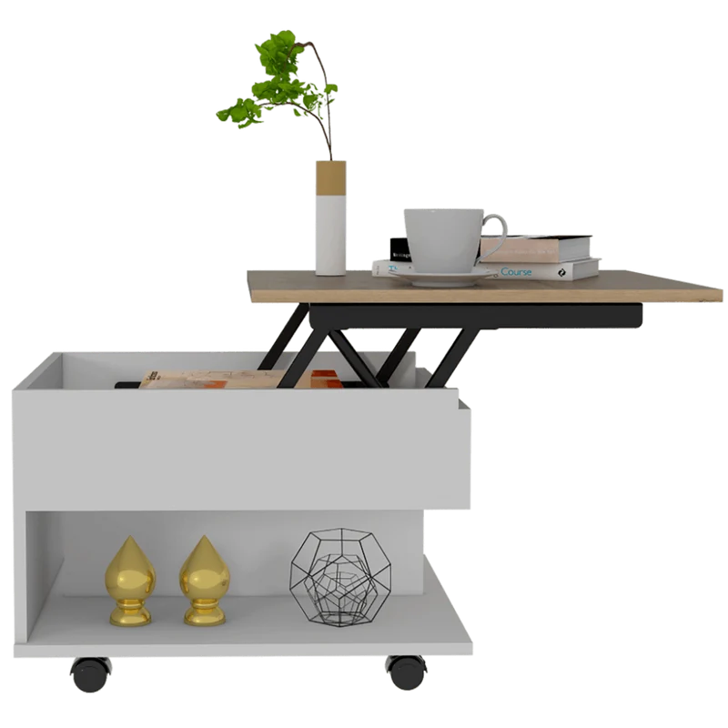 Mesa de Centro Salento, Blanco y Café Claro, con Espacio Extensible y Rodachinas de Freno ZF