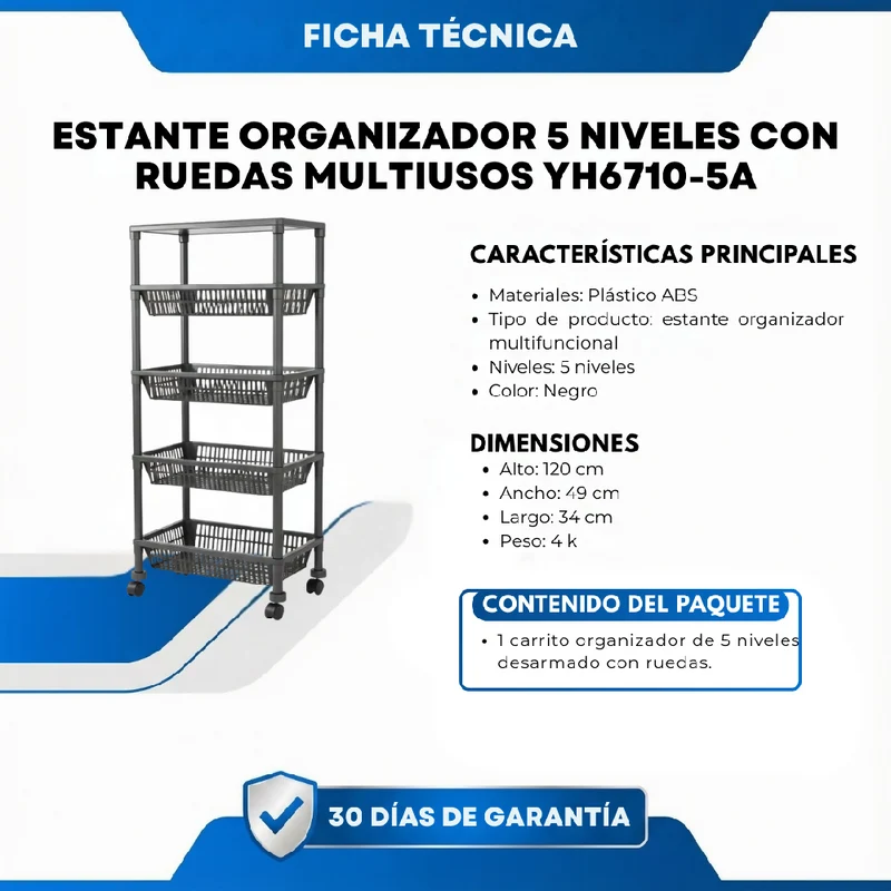 Estante Organizador 5 Niveles con Ruedas Multiusos YH6710-5A – Estantería Móvil para Cocina, Baño y Hogar