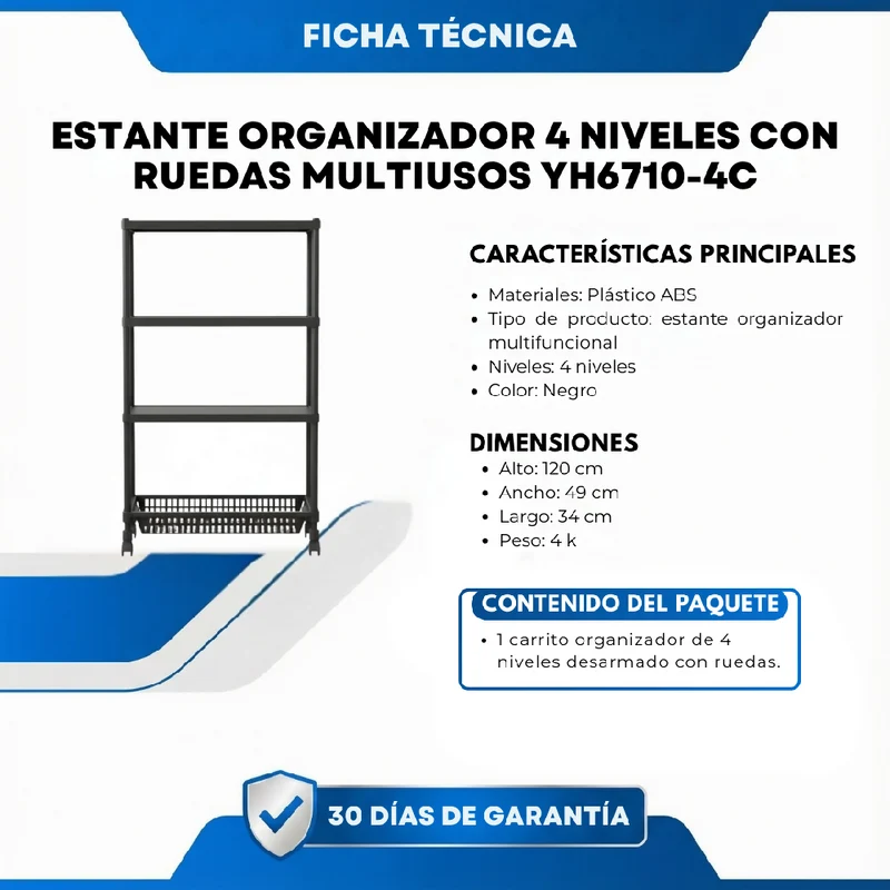 Estante Organizador 4 Niveles con Ruedas Multiusos YH6710-4C – Estantería Móvil para Cocina, Baño y Hogar