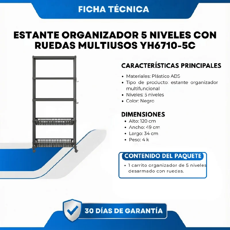 Estante Organizador 5 Niveles con Ruedas Multiusos YH6710-5C Organizador Práctico para Almacenamiento y Espacios Reducidos