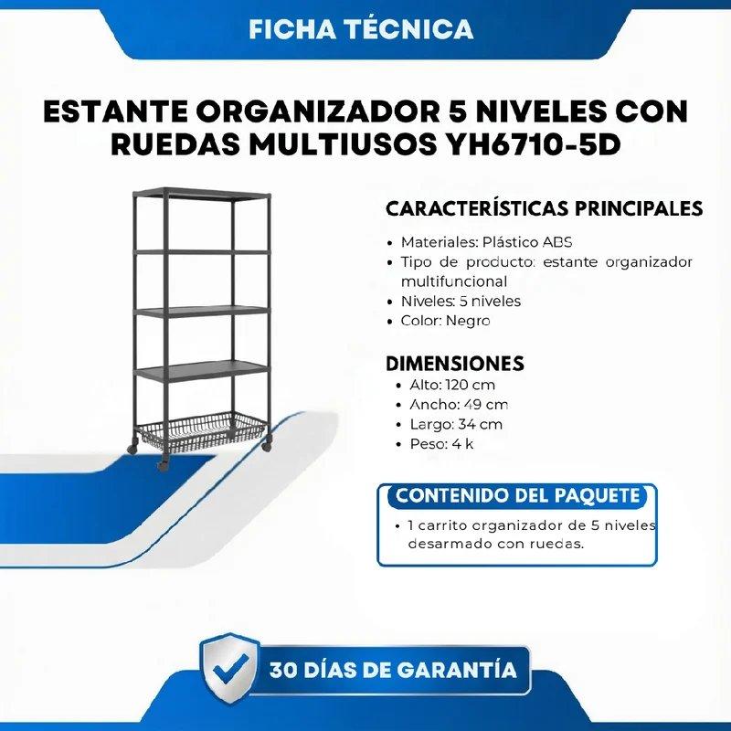 Estante Organizador 5 Niveles con Ruedas Multiusos YH6710-5D Estantería Móvil para Cocina, Baño y Hogar