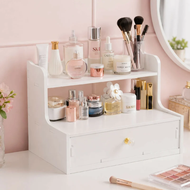 Organizador de Maquillaje Multifuncional con Cajón Estante para Cosméticos, Escritorio, Baño y Hogar