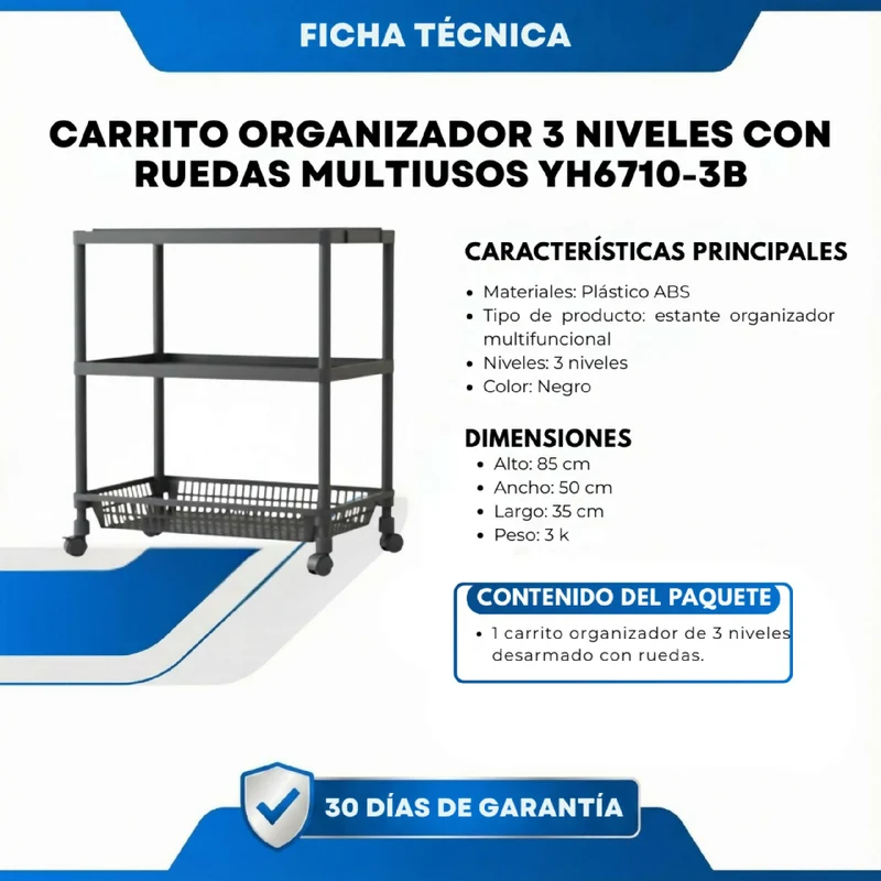Carrito Organizador 3 Niveles con Ruedas Multiusos YH6710-3B