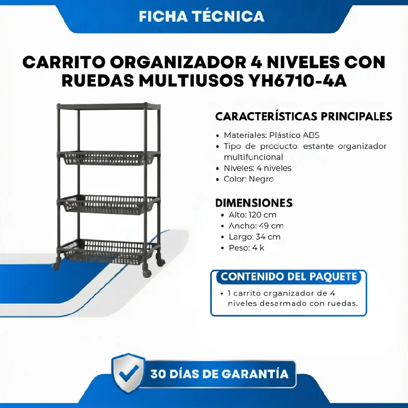 Carrito Organizador 4 Niveles con Ruedas Multiusos YH6710-4A