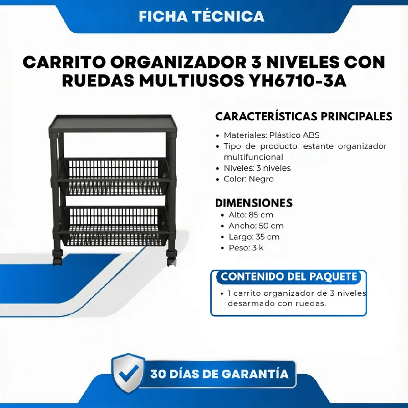 Carrito Organizador 3 Niveles con Ruedas Multiusos YH6710-3A