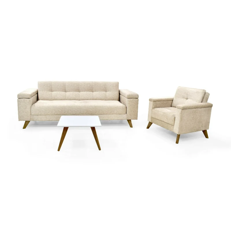 Set de Sala con Sofá Cama Moretto Poltrona Carter Tela Beige Más Mesa de Centro Nova