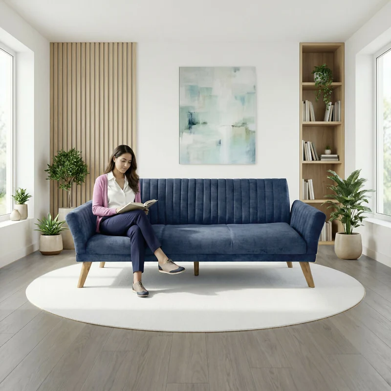 Sofá Cama Pensilvania 205x85x87 Reclinable Tela Azul