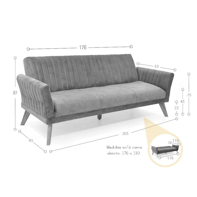 Sofá Cama Pensilvania 205x85x87 Reclinable Tela Azul