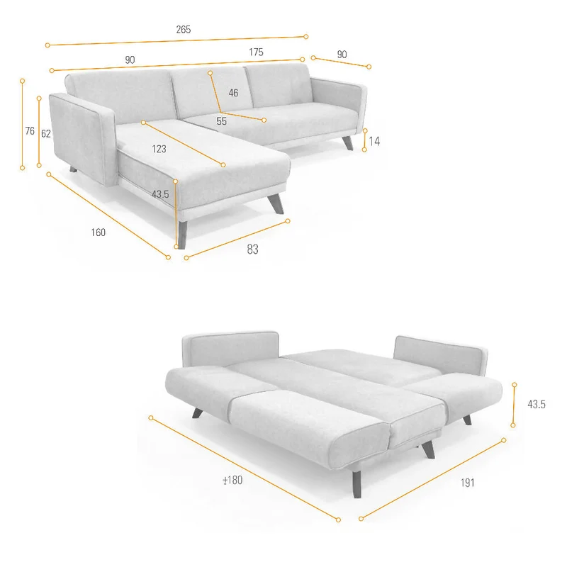 Sofá Cama en L Chelsea Derecho 265x160x76 Tela Plata