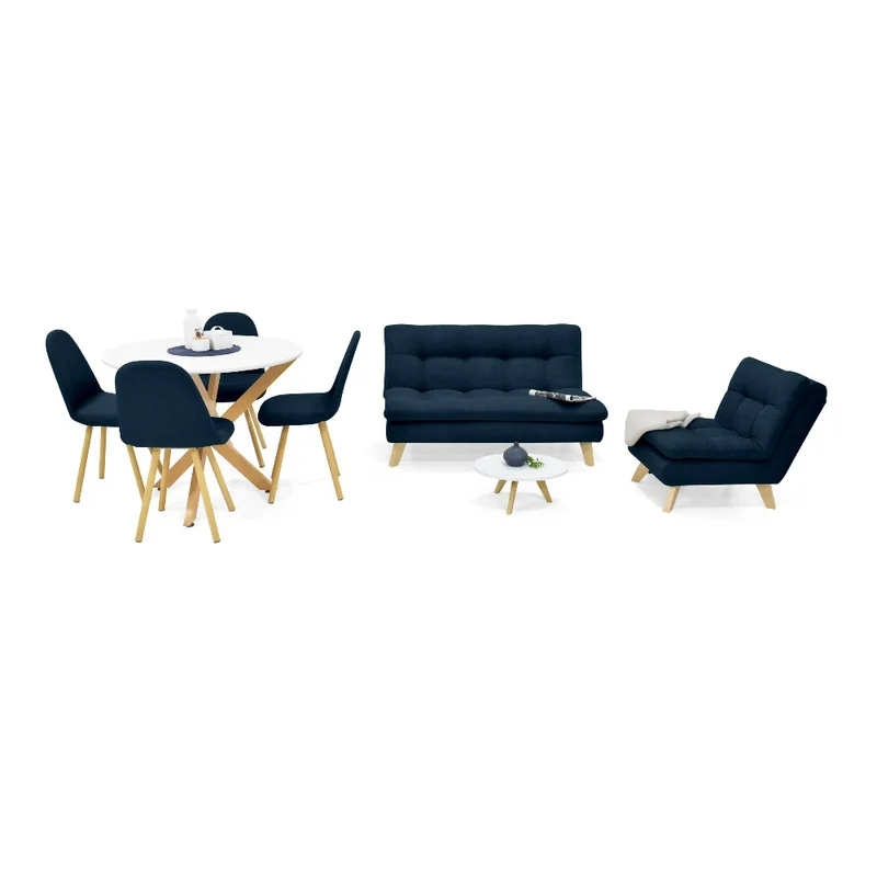 Combo Sofá y Poltrona Toulouse + Mesa de Centro con Comedor Luxor + 4 Sillas Matiz Tela Azul