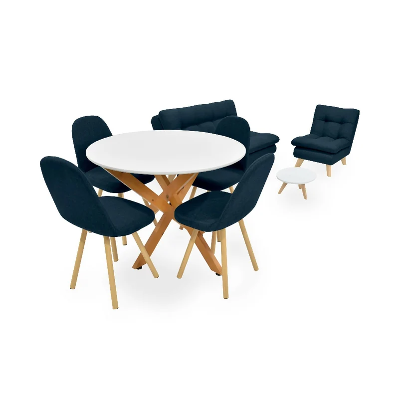 Combo Sofá y Poltrona Toulouse + Mesa de Centro con Comedor Luxor + 4 Sillas Matiz Tela Azul