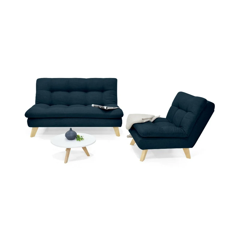 Combo Sofá y Poltrona Toulouse + Mesa de Centro con Comedor Luxor + 4 Sillas Matiz Tela Azul