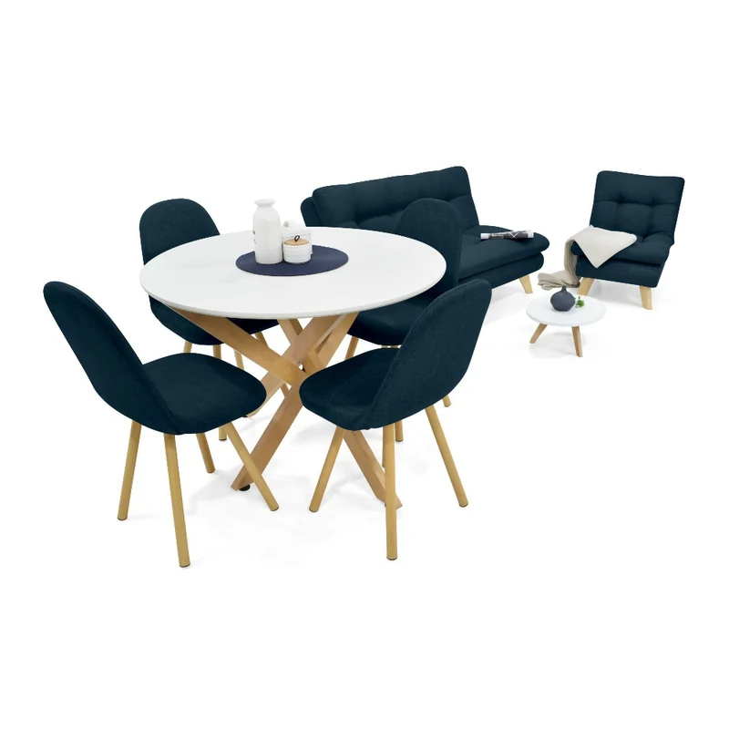 Combo Sofá y Poltrona Toulouse + Mesa de Centro con Comedor Luxor + 4 Sillas Matiz Tela Azul