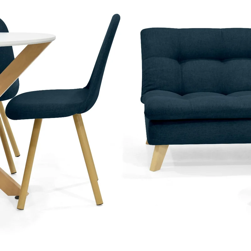 Combo Sofá y Poltrona Toulouse + Mesa de Centro con Comedor Luxor + 4 Sillas Matiz Tela Azul