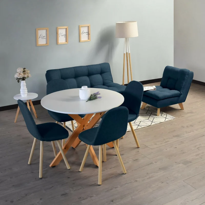 Combo Sofá y Poltrona Toulouse + Mesa de Centro con Comedor Luxor + 4 Sillas Matiz Tela Azul