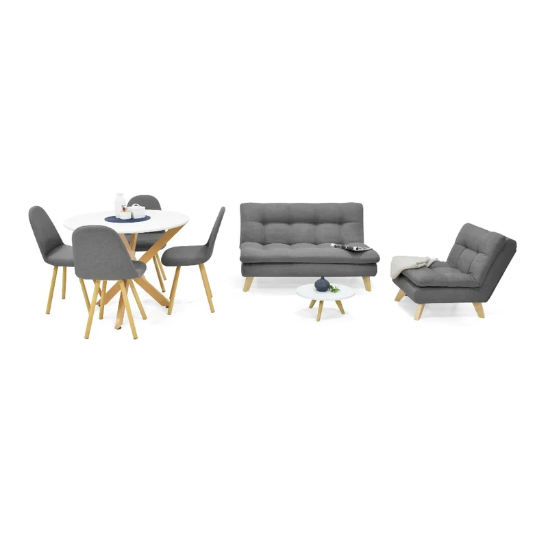 Combo Sofá y Poltrona Toulouse + Mesa de Centro con Comedor Luxor + 4 Sillas Matiz Tela Gris