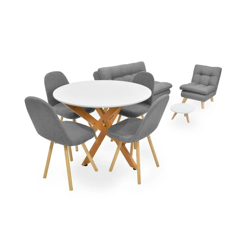 Combo Sofá y Poltrona Toulouse + Mesa de Centro con Comedor Luxor + 4 Sillas Matiz Tela Gris