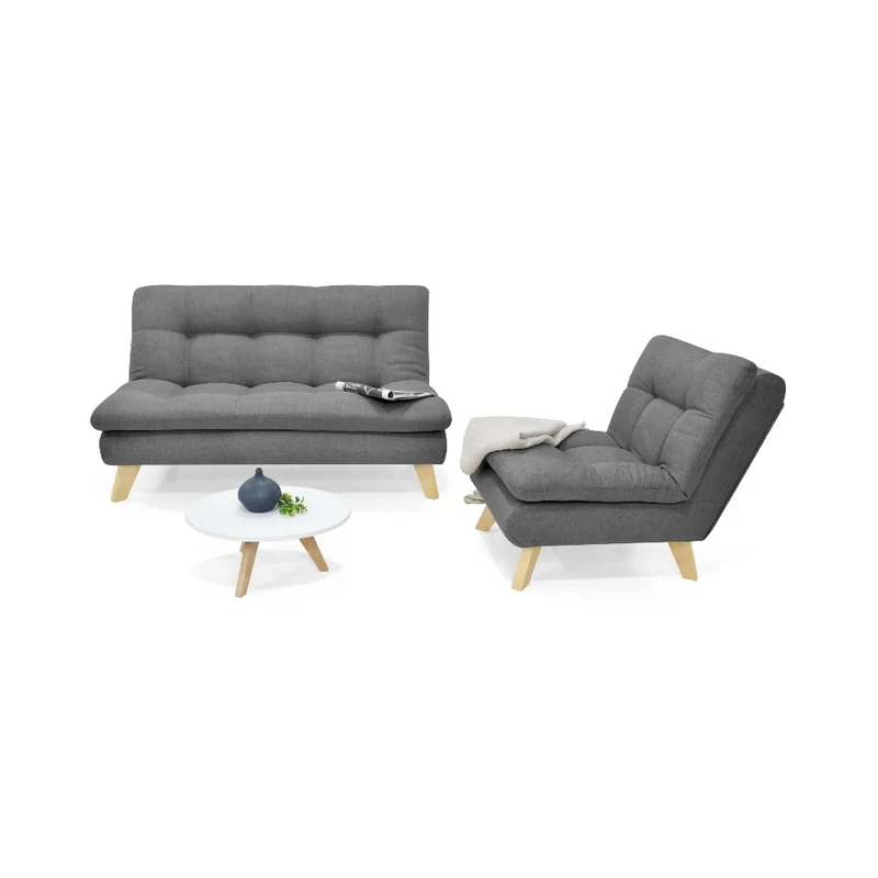 Combo Sofá y Poltrona Toulouse + Mesa de Centro con Comedor Luxor + 4 Sillas Matiz Tela Gris